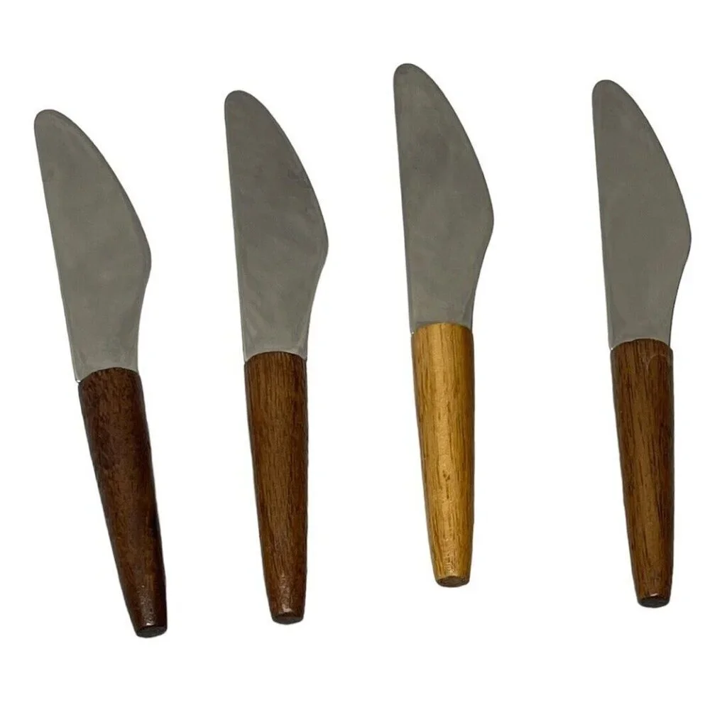 4 Vintage MCM Cheese Knives Stainless Dal USA Wooden Handles